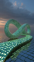 Abstract architectural sculpture shaped like an infinity loop made of reflective green tiles, set on a mirrored surface at dusk.