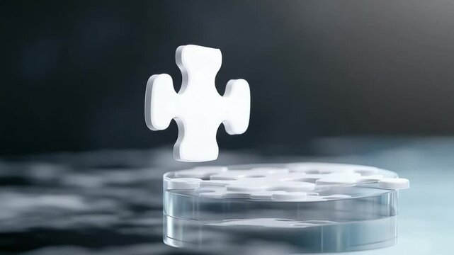 Solution Puzzle Piece: A single, gleaming white puzzle piece hovers above a glass platform, suggesting the final piece to a larger, complex solution. The background is a subtle, dark blue.