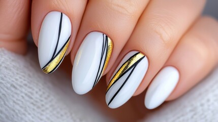 white and gold nail art with stripes