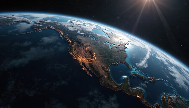 View of Earth from space, focusing on North America at night. City lights illuminate the continent. Clouds drift below, with stars visible in the dark sky. Sun rays shine on the planet curve.