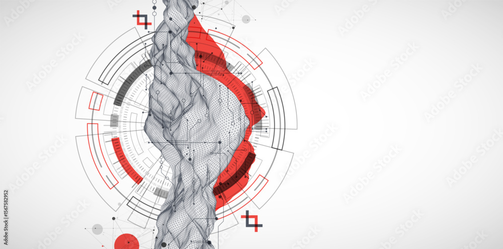 Poster Abstract data background with wireframe wave and circuit lines. Technology concept. Vector