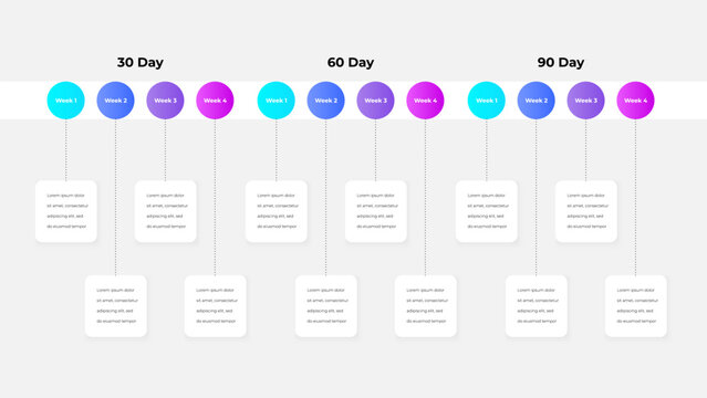 Timeline infographic illustrating 30-day, 60-day, and 90-day goals and tasks by weeks. Perfect for visualizing project management strategies, goal setting, and plan implementation