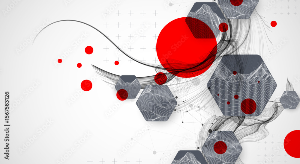 Poster scientific and technological background. wave with wireframe hexagons of different types on a gray g