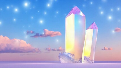Crystal Towers in Dreamscape: Iridescent crystal spires rise majestically against a soft, ethereal skyscape dotted with twinkling stars and gentle clouds, evoking a sense of wonder and tranquility. - Powered by Adobe