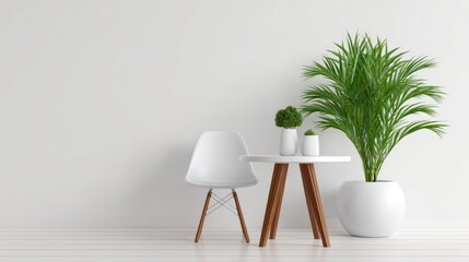 Modern minimalist interior with plant and table in bright setting
