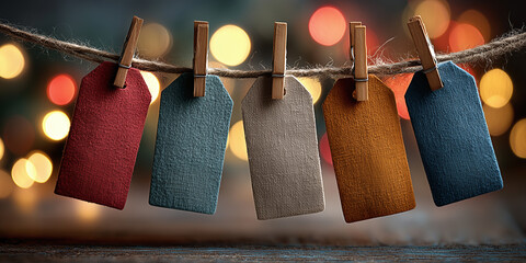Close-up of hanging fabric tags in various earth tones on coarse twine, set against festive background of blurred golden lights.
