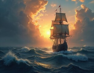 Majestic tall-masted sailboat navigates open ocean waters under dramatic sunset sky. Deep blue waves crest with white foam around vessel. Sky transitions from horizon orange to blue. Nautical