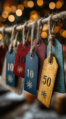 Set of multicolor textured discount tags with numbers hanging on string, perfect for sales, shopping, or holiday promotions.