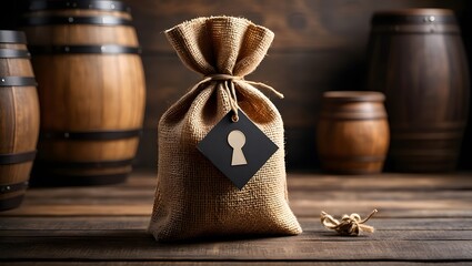 Discover the secrets hidden within burlap sack with keyhole tag and wooden barrels art