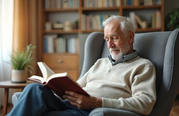 Elderly man reads book in comfortable armchair at home. He enjoys leisure time, relaxation, hobby in quiet living room. Senior man engages in literature, showing contentment, peaceful cognition.