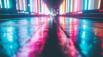 Vibrant Urban Nightscape: Neon-Lit Street with Glistening Lights on Rainy Asphalt