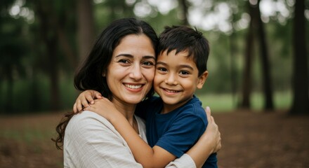 Fototapeta premium Mother and son embrace outdoors