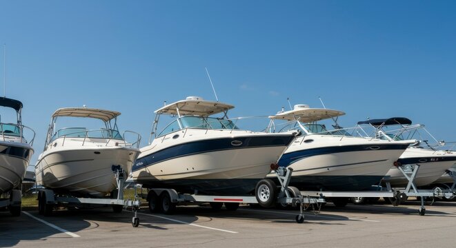 Several motorboats on trailers in a parking lot under a clear sky