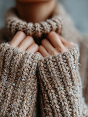 Close-up of a person’s hands pulling up the collar of a chunky knit sweater, evoking warmth, comfort, and winter coziness.