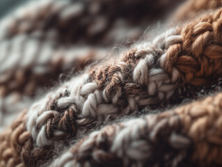 Extreme close-up of thick multicolored wool yarn, revealing detailed texture, fibers, and natural warmth of the material.