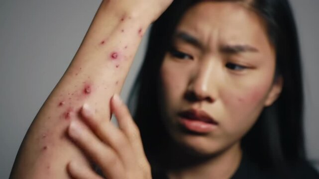 Asian woman scratching her arm covered in red rash and blisters. Skin problem, eczema, allergy, chickenpox concept. Medical footage.
