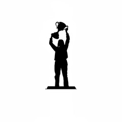 Silhouette of a person holding a trophy in celebration on white background