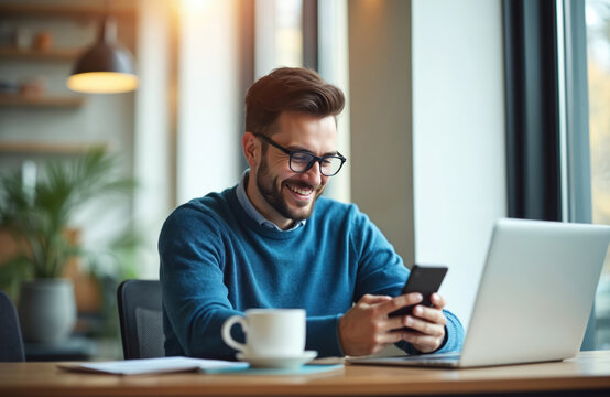 Young businessman smiling reading good news on mobile phone. Sitting at desk with laptop, looking relaxed, happy. Image conveys success, communication, modern business lifestyle.