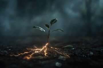 green plant with roots and lightning emerging from the ground