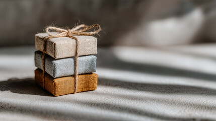 Three small textured gift boxes tied with twine stacked together in warm sunlight on fabric surface, evoking natural simplicity.