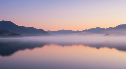 Fototapeta premium Serene dawn over misty lake, mountains mirrored in calm water, soft pastel hues paint the sky