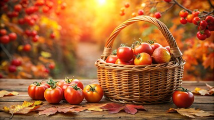 A wicker basket of ripe red tomatoes sits on a wooden surface with autumn leaves
