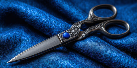 Decorative metal scissors with intricate handle design and blue gemstone detail placed on rich textured blue woolen fabric.