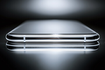 A sleek silver smartphone viewed from side with mirrored reflection and studio lighting, emphasizing modern design and precision tech.
