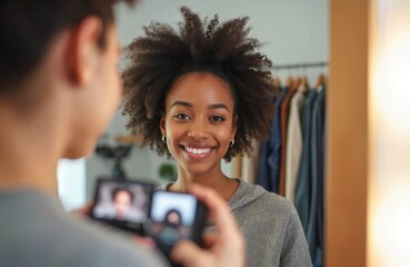 African-American teenage fashion blogger records video at home, smiling. Recording content for lifestyle blog, social media presence, focusing on beauty, style trends. Shot captures engaging with