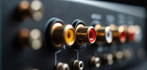 Close-up view of audio-video receiver back panel featuring multiple RCA connectors for signal transmission. Connectors include red, yellow inputs, indicating stereo audio, composite video ports.