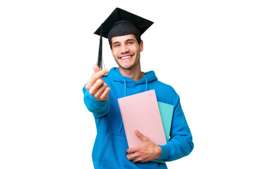 Young university graduate man over isolated background making money gesture