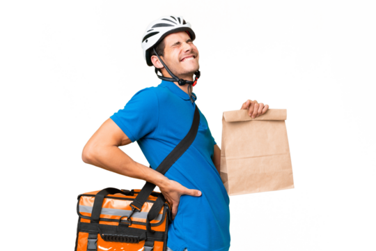 Young caucasian man taking a bag of takeaway food over isolated background suffering from backache for having made an effort