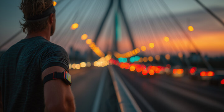 Athlete stands on city bridge at dusk wearing fitness tracker, facing glowing bokeh lights in energetic and motivational scene.