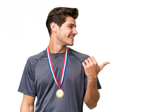 Young caucasian man with medals over isolated background pointing to the side to present a product