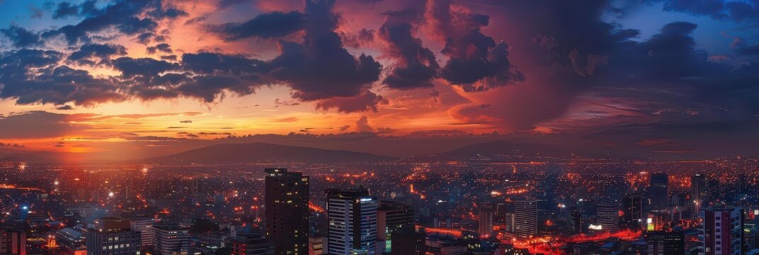 Celebrating Ecuador independence day with vibrant cityscape at sunset