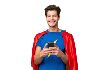 Super Hero caucasian man over isolated background sending a message with the mobile
