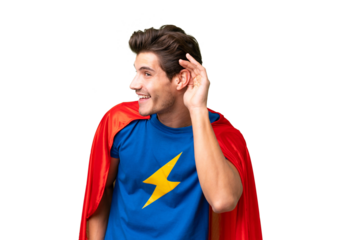 Super Hero caucasian man over isolated background listening to something by putting hand on the ear