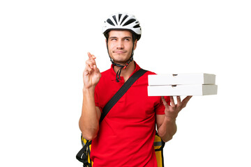 Pizza delivery man with work uniform picking up pizza boxes over isolated background with fingers...