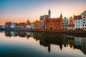 Gdansk with Motlawa river in Poland. Old town colourful house with Holy Spirit Gate
