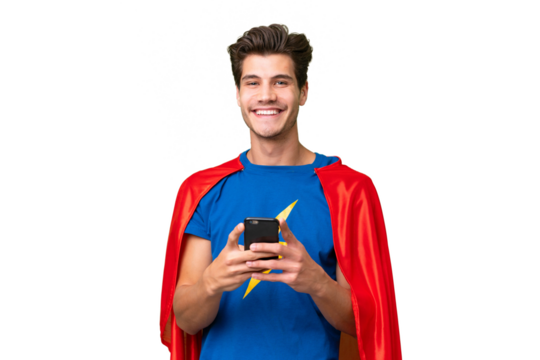 Super Hero caucasian man over isolated background sending a message with the mobile