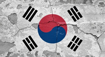 South Korea Flag on Cracked Wall, National Day, Independence Day. Textured Wall with South Korea Flag, History and Resilience. Concept of Crisis, Recession, Conflict.