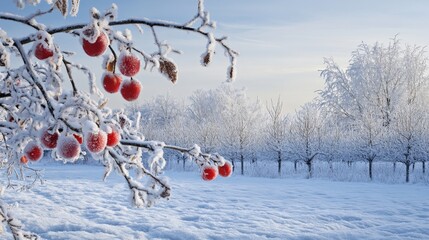 Frosty winter scene with snow-covered trees and apples.