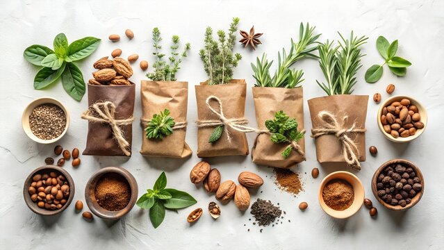 Photo of an overhead shot of various herbs, spices, nuts, and seeds arranged on a white background, each in a small paper bag tied with twine