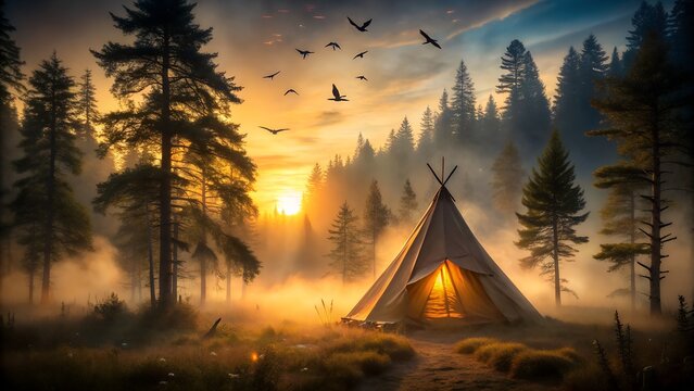Photo of a glowing teepee sits in a mystical forest at sunset, with birds flying overhead and fog swirling around the trees - Powered by Adobe