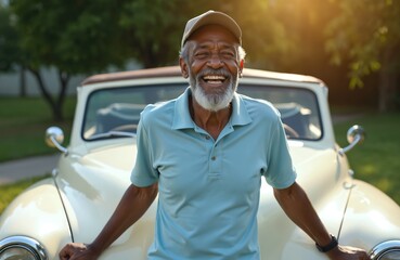 Happy senior African American man with grey beard wears cap, casual clothes, leans on vintage convertible car. Smiles broadly in sunlight, enjoying relaxed summer day, embodying pride, contentment
