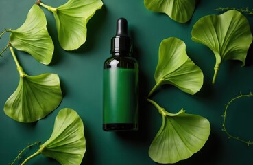 Green serum bottle with dropper, surrounded by fresh ginkgo leaves on dark background. Natural cosmetic product for skincare, beauty, wellness. Herbal promotes radiance and healthy skin.