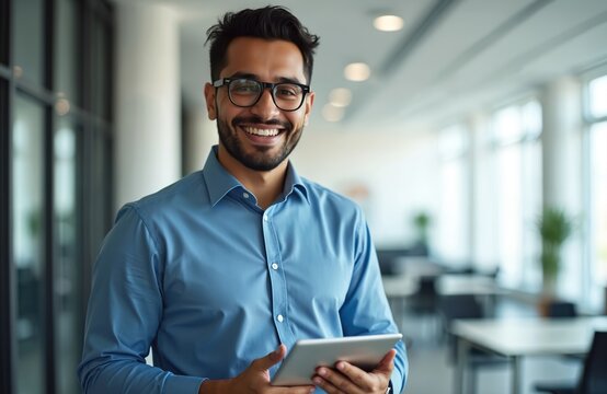 Smiling young Latin business man wearing glasses and blue shirt holds tablet computer in modern office. Hispanic executive looking at camera. Pro management career.