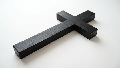 Black wooden cross isolated on white background. Simple Christian symbol of faith, hope representing Jesus Christ crucifixion. Clean design evokes spirituality, religious devotion, suitable for