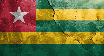 Togo Flag on Cracked Wall, National Day, Independence Day. Textured Wall with Togo Flag, History and Resilience. Concept of Crisis, Recession, Conflict.