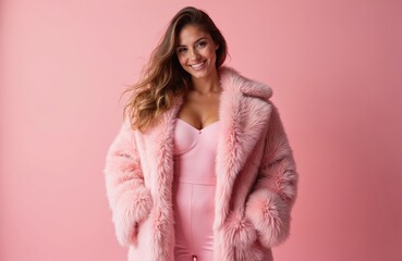 Young woman with long curly hair smiles in pink eco-fur coat over pink jumpsuit. Cheerful expression, conveying happiness, style. Studio portrait focuses on fashionable attire, cozy outerwear.